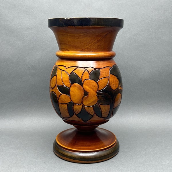 Vintage Hand Made Wood Pedestal Urn Vessel/Vase With Carved Florals and Leaves Motif