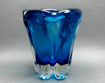 Vintage Whitefriars Kingfisher Blue and Clear Glass "Molar" Vase by William Wilson c. 1950's / 1960's