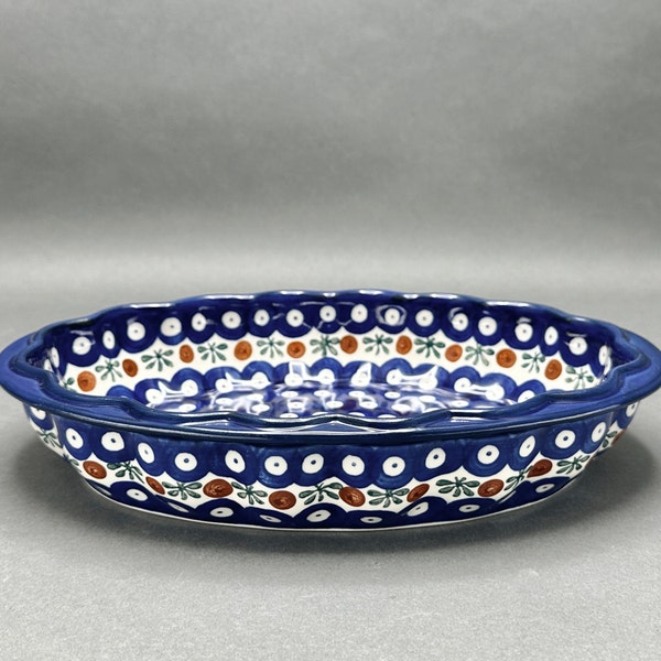 Vintage A.C.H. Polish Pottery Handmade Blue and Beige Oval Ceramic Casserole/Serving  Dish With Dots and Green Flowers Motif