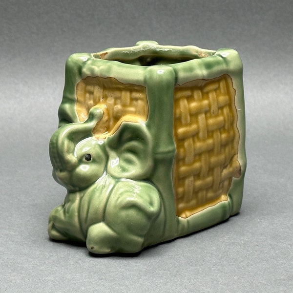 Vintage Majolica Glazed Trunk Up Elephant Leaning on Square Basket Ceramic Planter