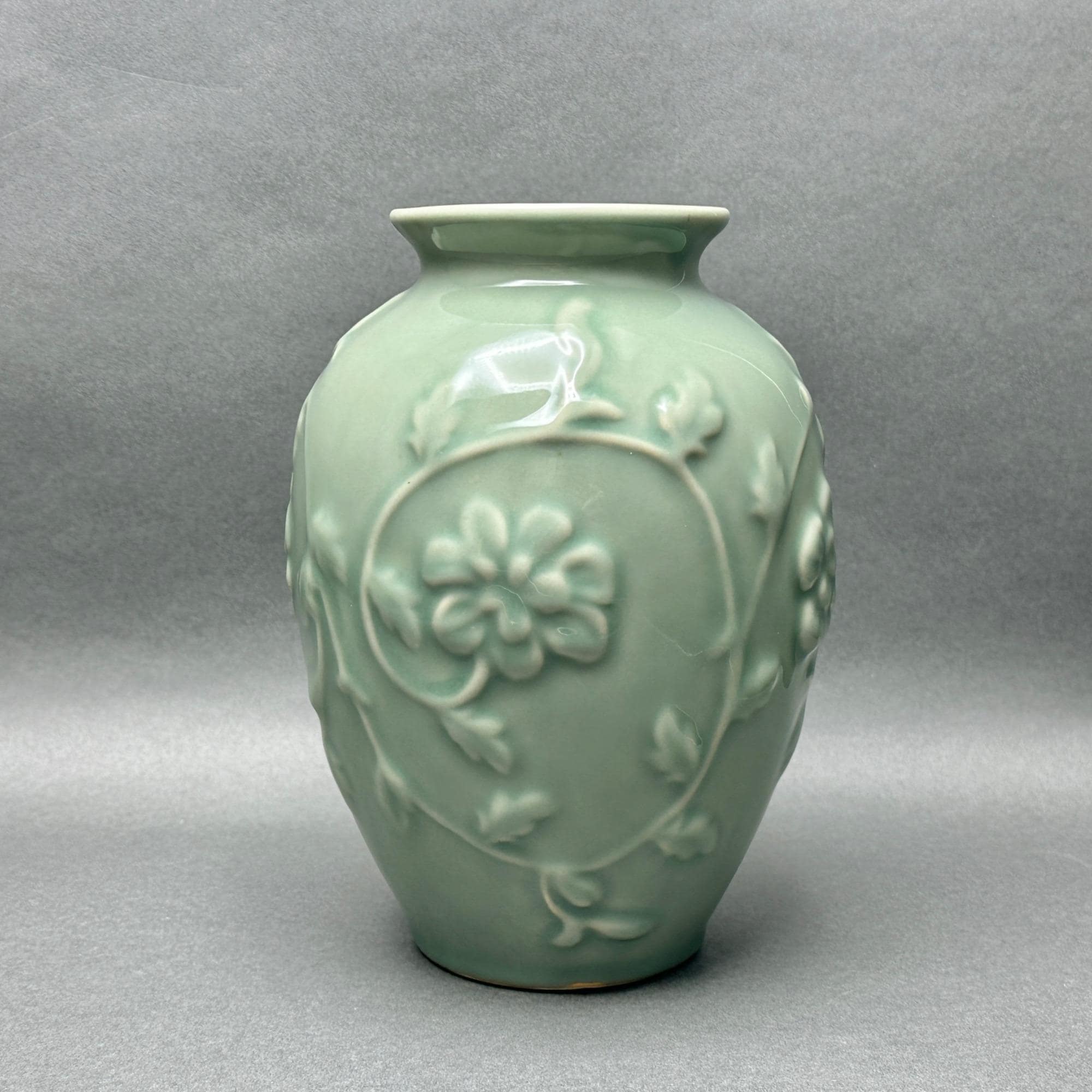 Vintage Celedon Green Glazed Porcelain Vase With Embossed Florals