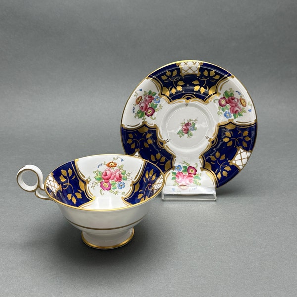 Vintage Radfords Bone China "Fenton" 4541 Hand Painted Tea Cup and Saucer With Florals, Cobalt Blue Panels and Gold Gilt.  Made in England