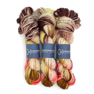 May include: Three skeins of hand-dyed yarn in shades of brown, yellow, and red. Each skein is wrapped with a blue label that reads "Cheshire Hand Dyed" with a logo. The yarn is arranged against a white background.