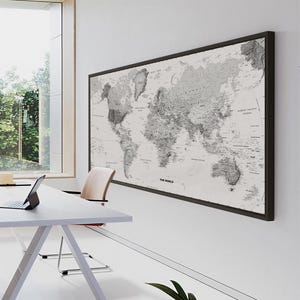 Minimalist World Map Art: Sleek Black White 21st Century Professional Framed Canvas
