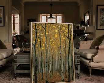 Large Framed Canvas Autumn Forest Scenery Art Paint | Birch Forest Wall Art | Nature Tree Wall Decor | Cozy Autumn Wall Art Foyer Wall Decor