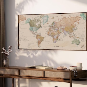 Cartographic Precision Moody Framed World Map Canvas Art: Scholarly Executive Heritage Wall Decor