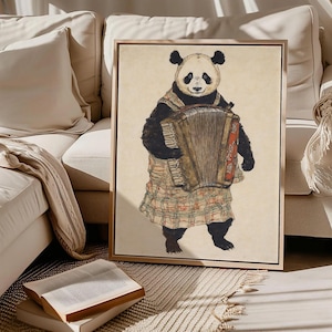Retro Cute Panda Prints | Framed Canvas Panda Accordion Wall Art | Panda with Accordion | Animal Person Sketch Poster | SV397
