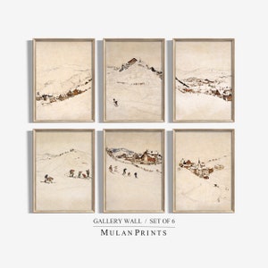 Original Vintage Ski Slopes Art Set 6 | PRINTABLE Original Winter Ski Slopes Painting Wall Art | Ski wall art print  Digital Download -6GA03