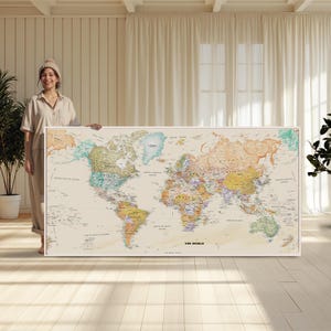 Carte du monde très détaillée | Grande toile murale | Décoration de carte antique extra large | Décoration de salon