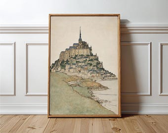 May include: A framed print of a detailed illustration of Mont Saint-Michel, a historic abbey in Normandy, France. The artwork features the abbey atop a rocky island, with a detailed depiction of the architecture and surrounding landscape. The print is in a wooden frame.