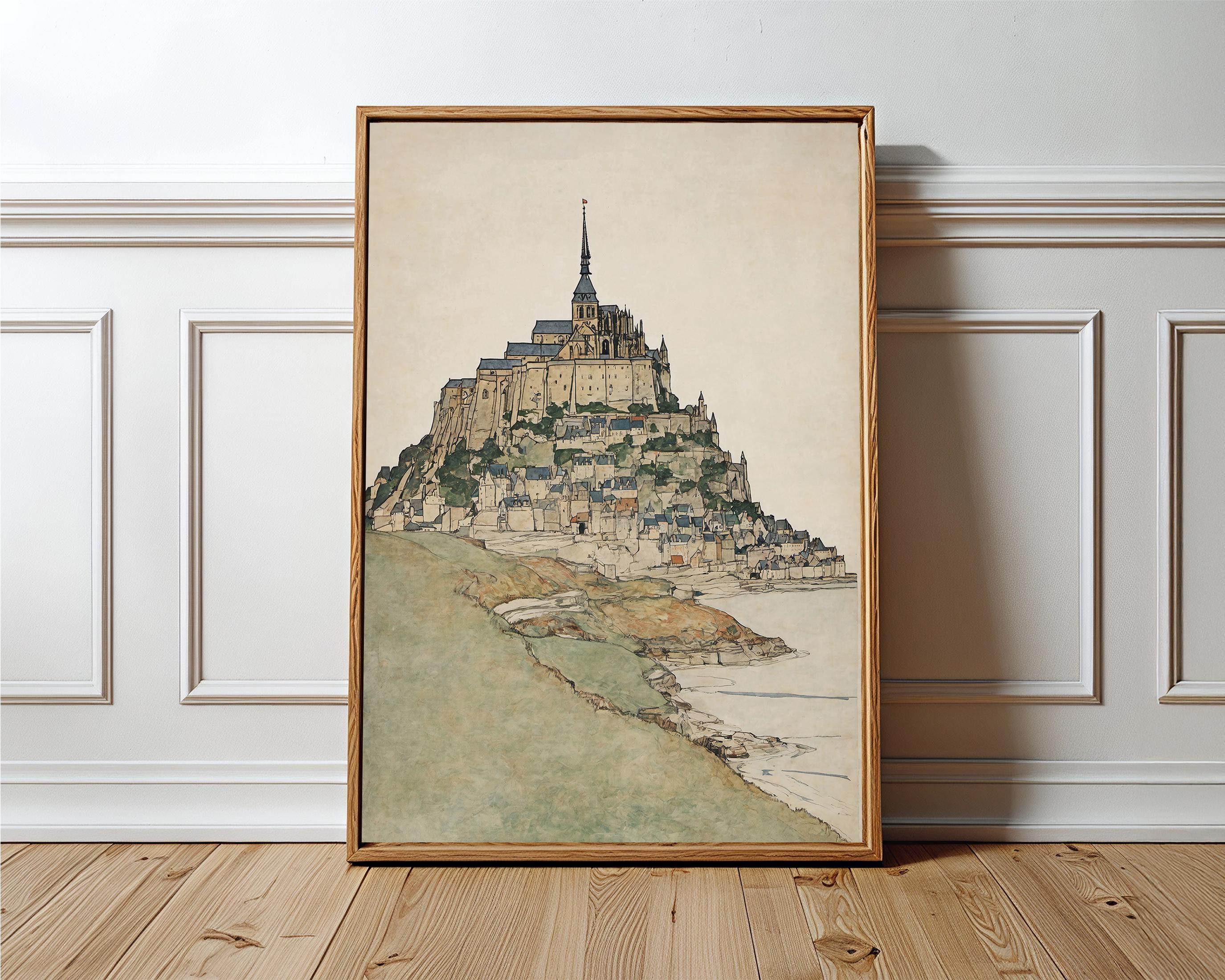 Mont Saint Michel 絵画 木製フレーム付き 24x36'' Framed Canvas Mont Saint Michel Art Vintage French Abbey