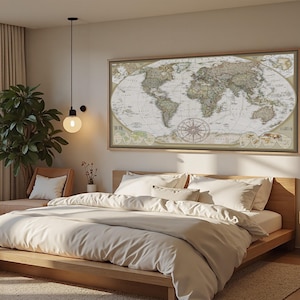 a serene and well-decorated bedroom with a large world map on the wall above the bed.
