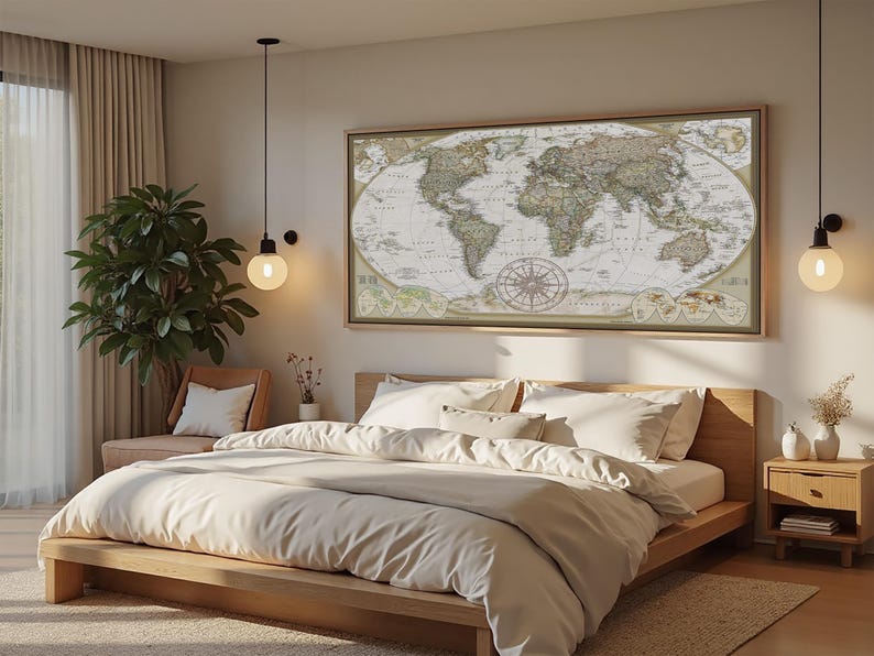 a serene and well-decorated bedroom with a large world map on the wall above the bed.