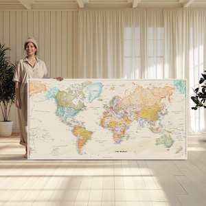 Carte du monde très détaillée | Grande toile murale | Décoration de carte antique extra large | Décoration de salon