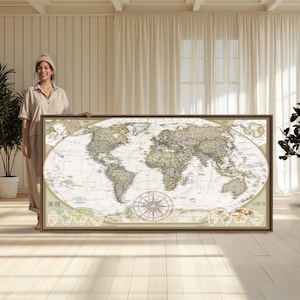 Hyper-Detailed Art Framed Large Vintage World Map Canvas Wall Art | Panoramic Study Decor