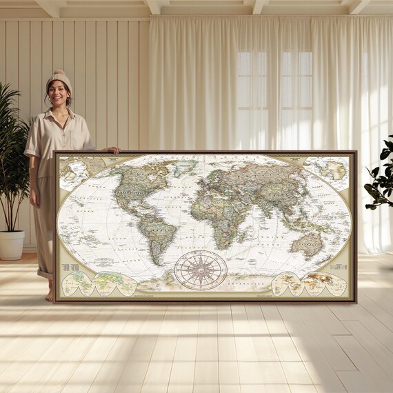 Hyper-Detailed Art Framed Large Vintage World Map Canvas Wall Art | Panoramic Study Decor