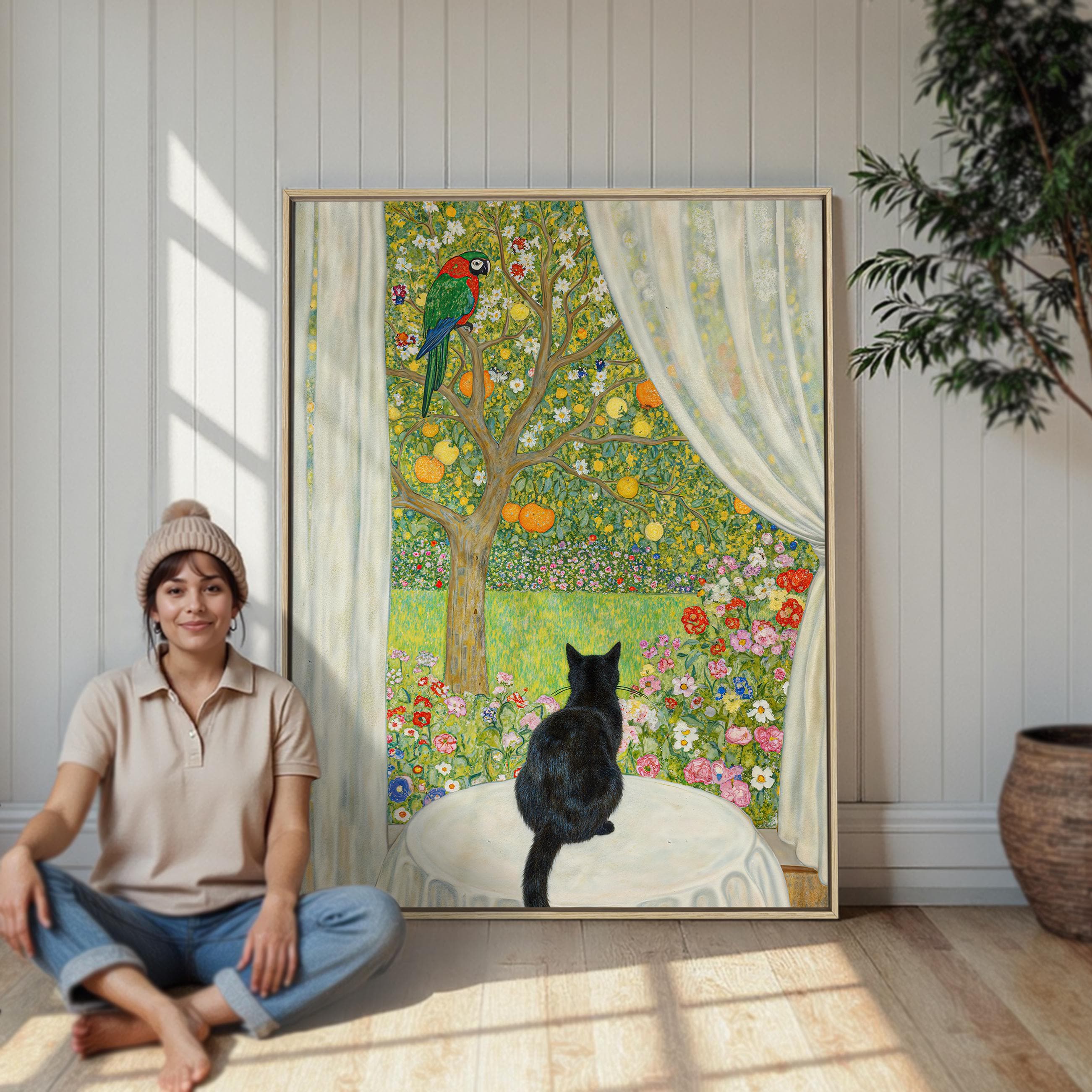 Framed Canvas Print: Black Cat, Parrot, French Window View
