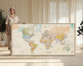 Highly Detailed Large Framed Vintage World Map Canvas Art Prints Living Room Wall Decor