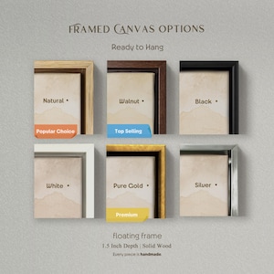 a variety of framed canvas options, including natural, walnut, black, white, pure gold, silver, and premium floating frames. Each frame has a different color and design, allowing for a range of choices for home decor.