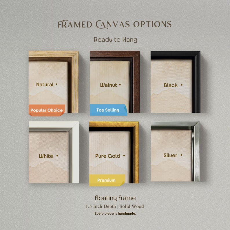 a variety of framed canvas options, including natural, walnut, black, white, pure gold, silver, and premium floating frames. Each frame has a different color and design, allowing for a range of choices for home decor.