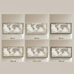 six different framed world maps, each with a different color frame, arranged in a grid.