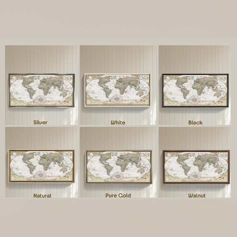 six different framed world maps, each with a different color frame, arranged in a grid.