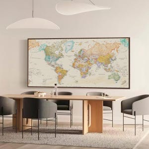 Highly Detailed Framed Canvas World Map Art Oversized Home Wall Decor-Exclusive Edition