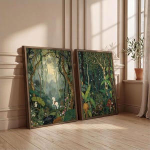 May include: Two rectangular wall art prints featuring lush forest scenes. The left print depicts a white unicorn standing among dense green foliage, vines, and small pink flowers. The right print shows a dark, detailed woodland with varied plants.