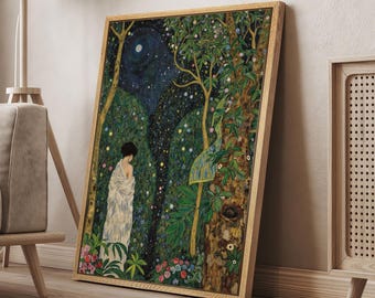 May include: A rectangular framed wall art print featuring a dark, starry night sky above a dense forest. A figure draped in a white, textured garment stands on the left side, surrounded by green foliage, colorful flowers, and tall tree trunks.