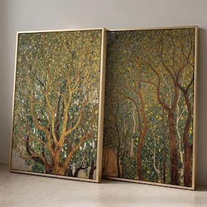 May include: Two rectangular wall art prints in thin gold frames, each depicting a dense forest scene with golden-brown tree trunks, intricate branches, and a canopy filled with small yellow, green, and white circular leaf patterns.