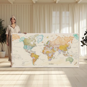 Carte du monde très détaillée | Grande toile murale | Décoration de carte antique extra large | Décoration de salon