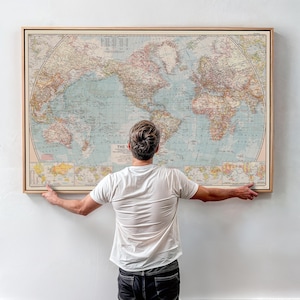 Antique National Geographic World Map Canvas Art – 1957 Large Framed Wall Decor