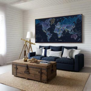Highly Detailed Framed Canvas Navy Blue World Map Modern Office Home Large Wall Decor