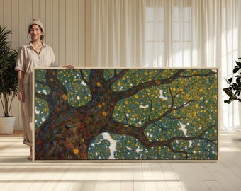 May include: A large framed art print depicting a stylized tree with brown branches and a canopy of green and yellow foliage. The artwork has a textured appearance and is set against a white background.