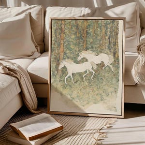 Forest White Horse Painting | Lucky White Horses Wall Art | Old Forest Fairy Tales Art | Tiny Horse Painting | Pair Of White Horses Poster