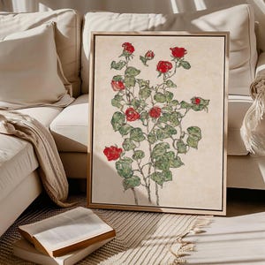 Vintage Red Rose Still Life Painting Print | Rural Flower Wall Art | Egon Schiele Inspired - SV431