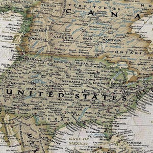 The image is a detailed map of the United States and Canada, showing the major cities, rivers, and other geographical features.
