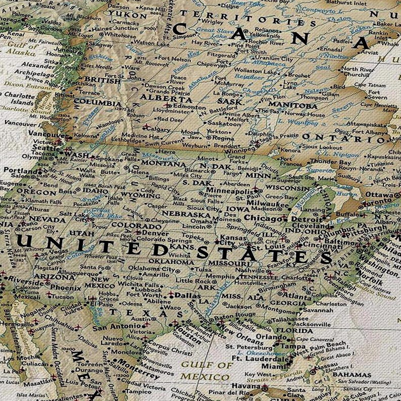The image is a detailed map of the United States and Canada, showing the major cities, rivers, and other geographical features.