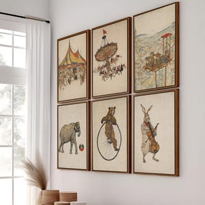 24x36'' Each Framed Vintage Circus Canvas Set of 6 Whimsical Animal Nursery Gallery Wall Art