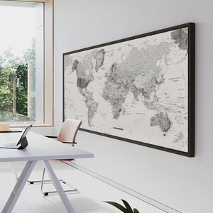 Minimalist World Map Art: Sleek Black White 21st Century Professional Framed Canvas