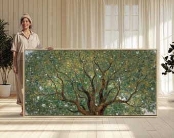 May include: A large rectangular wall art piece featuring a detailed painting of a sprawling tree with dense green foliage, brown branches, and scattered white and yellow blossoms, encased in a simple light-coloured wooden frame.