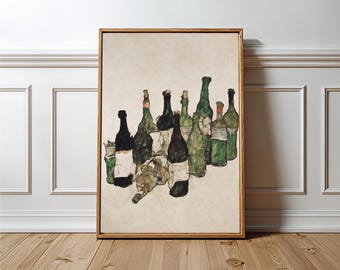 May include: A framed art print featuring a collection of various glass bottles in shades of dark green, black, and brown, arranged against a light beige background. The bottles have distinct shapes and some appear to have faded white labels.
