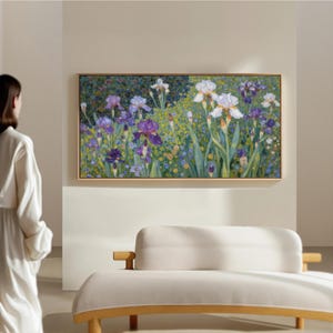 Framed Floral Canvas Oversized Panoramic Art Impressionist Iris Flower Print