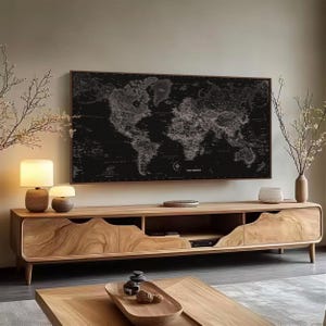 Detailed Cartography Framed Canvas Carbon Black World Map Modern Home Office Wall Decor