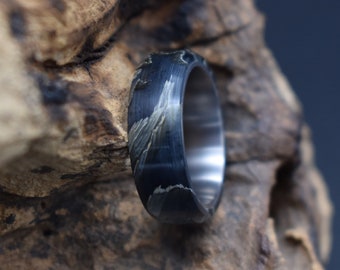 Titanium partner rings with composite material made of synthetic resin and plant fibers. Men's ring and women's ring