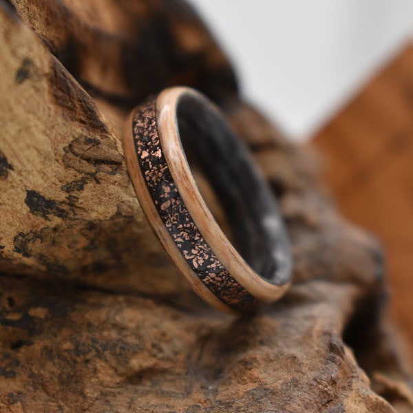 Wooden ring copper wedding rings precious wood partner rings jewelry ring engagement gift wedding rings bentwood teak apricot bentwood black pigment