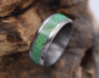 Partner rings Ring made of titanium and inlay of green opals. Stainless steel men's ring and women's ring made by hand