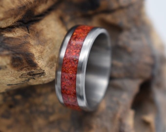 Partner rings Titanium ring with red opal inlay. Stainless steel men's ring and women's ring made by hand