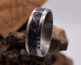 Partner rings Titanium ring and mica purple inlay + copper accents. Stainless steel men's ring and women's ring made by hand