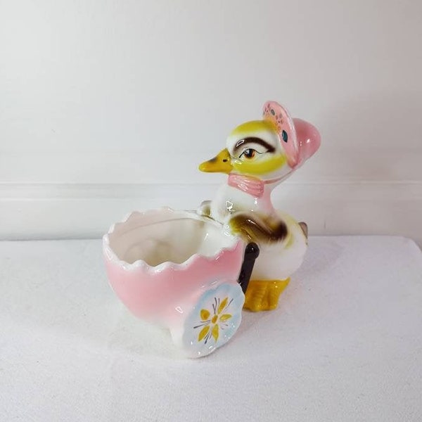 Ceramic Duck with Carriage Planter Vintage 1950's Kitsch Spring Easter Decor